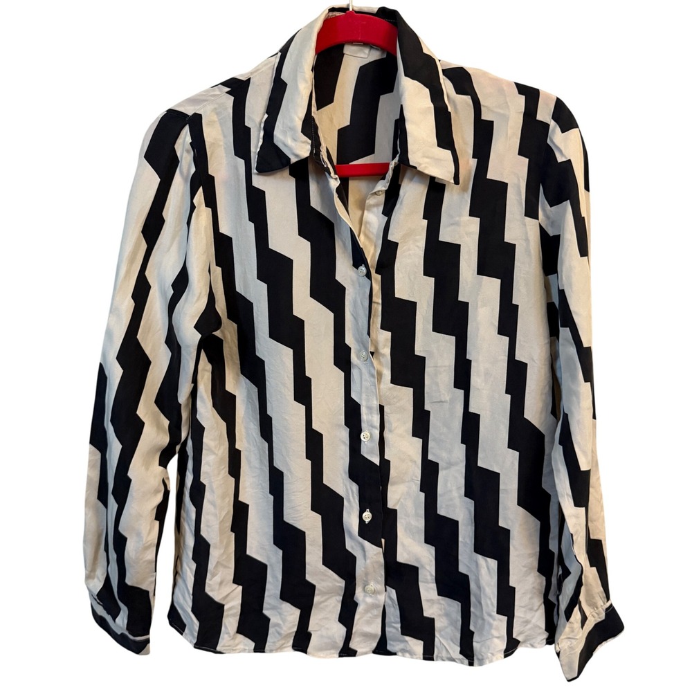 Vintage KORS Michael Kors Silk Blouse S‎ Black White Zigzag Geometric Shirt Work